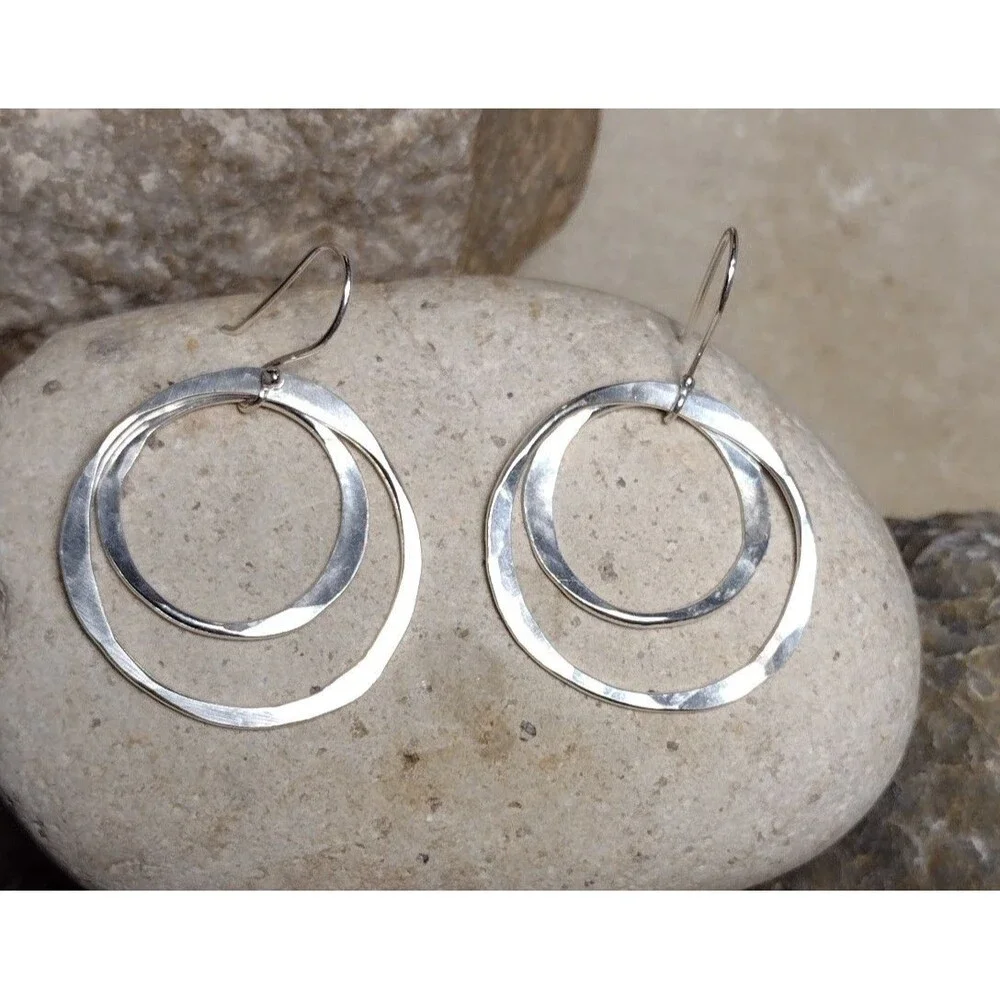 Hammered Sterling Silver 925 Double Hoop Circle Dangle Earrings 2